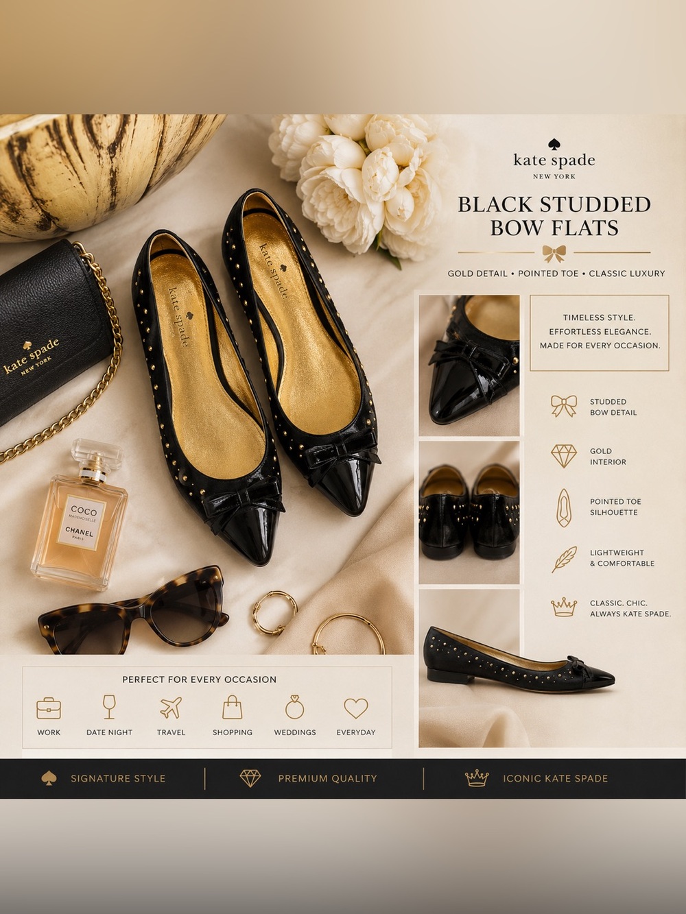 Kate Spade Black Studded Bow Flats✨ Gold Detail Pointed Toe Classic Luxury - Picture 2 of 7